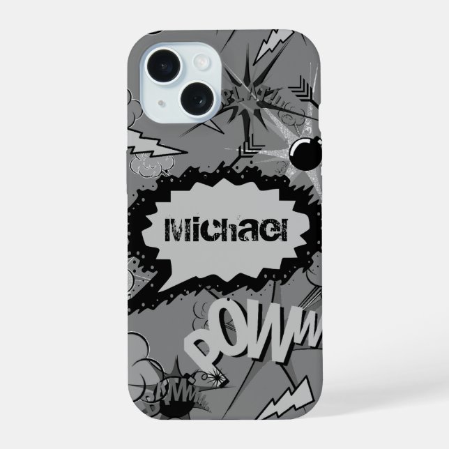 Retro Grey Custom Comic Book Pattern Personalised iPhone 15 Case (Back)