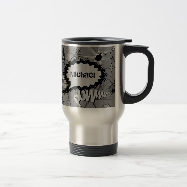 Retro Grey Custom Comic Book Pattern Personalised Travel Mug (Right)