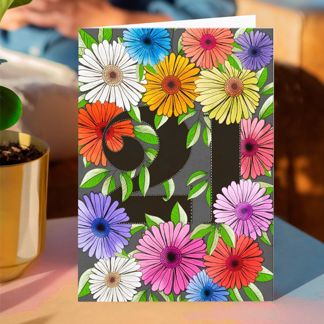Retro Grey Personalized 21st Birthday Floral Card (Creator Uploaded)