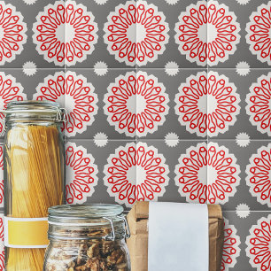 Retro Grey Red & White Ethnic Geometric Pattern Tile