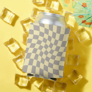 Retro Grey Yellow Pastel Warped Chequerboard   Can Cooler