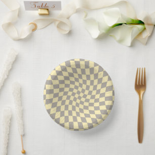 Retro Grey Yellow Pastel Warped Chequerboard    Paper Plate