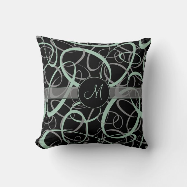 retro greyed jade and grey rings on black monogram throw pillow (Front)