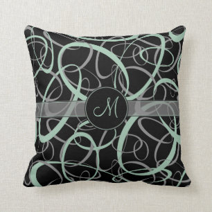 retro greyed jade and grey rings on black monogram throw pillow