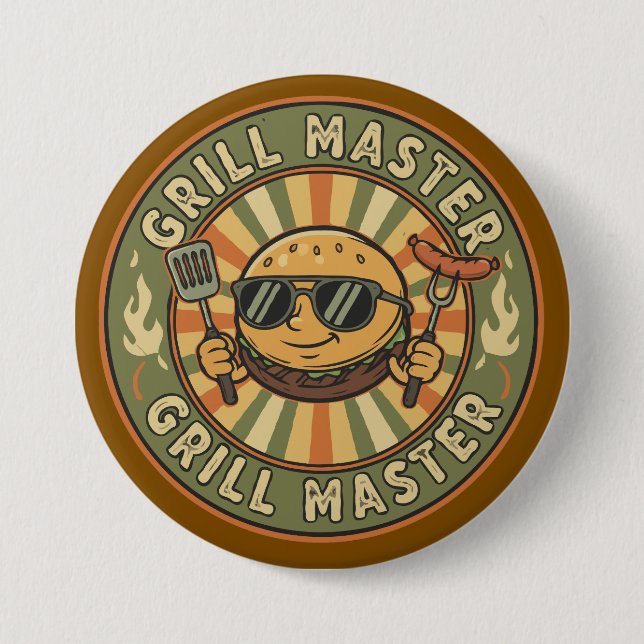 Retro Grill Master Burger Character BBQ King Vinta 3 Inch Round Button (Front)