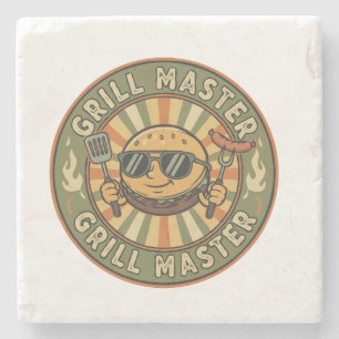 Retro Grill Master Burger Character BBQ King Vinta Stone Coaster