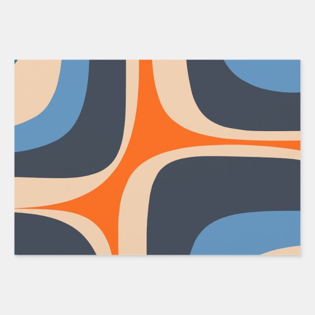Retro Groove Abstract Pop Pattern Blue and Orange Wrapping Paper Sheet (Front 3)