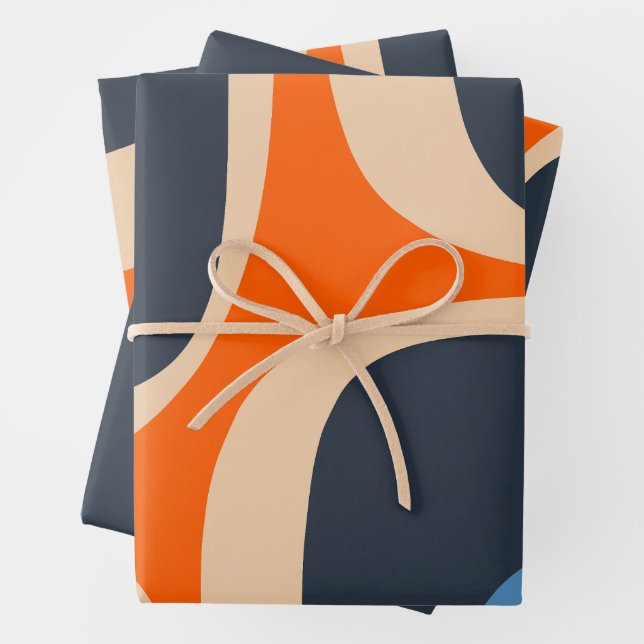 Retro Groove Abstract Pop Pattern Blue and Orange Wrapping Paper Sheet (In situ)