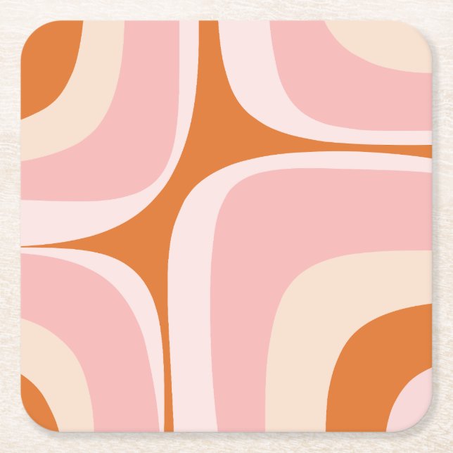 Retro Groove Pink and Orange Abstract Pattern Square Paper Coaster (Front)