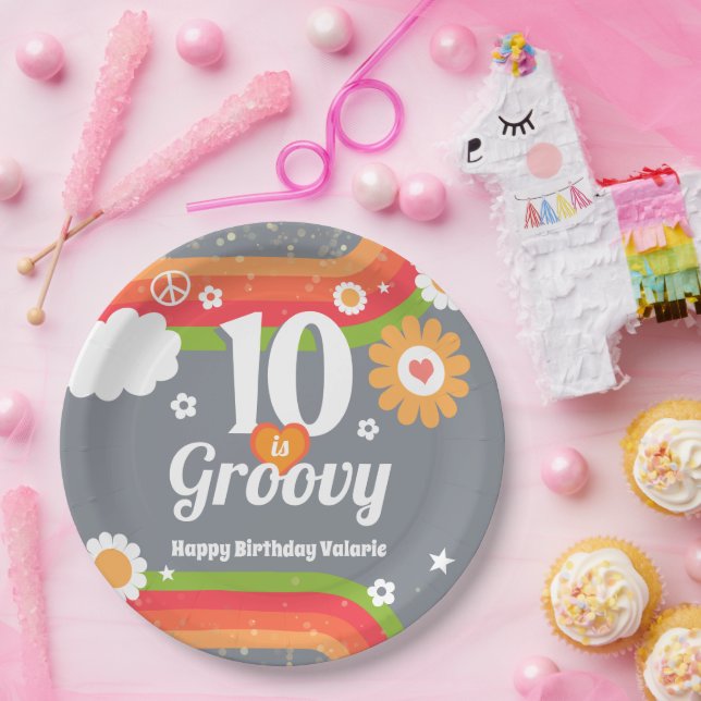 Retro Groovy 10th Birthday  Paper Plate (Party)