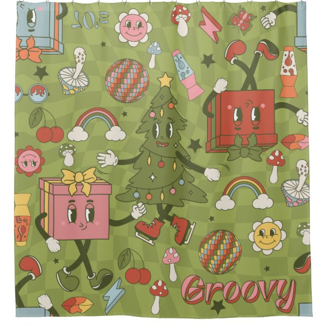 retro groovy 1970 disco christmas tree green check (Front)