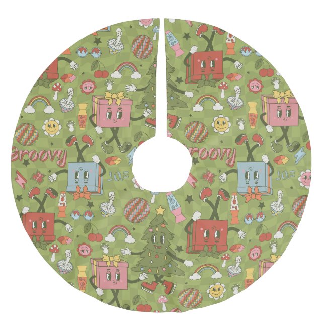 retro groovy 1970 disco christmas tree green check brushed polyester tree skirt (Front)