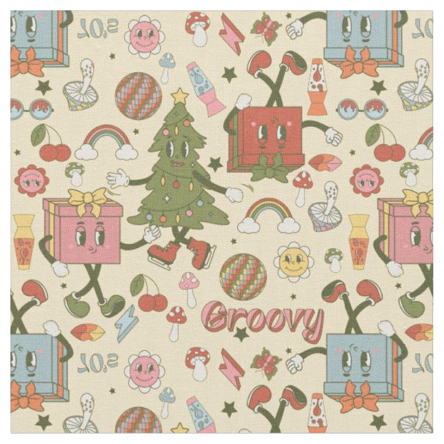 retro groovy 1970s disco christmas tree fabric (Close Up)