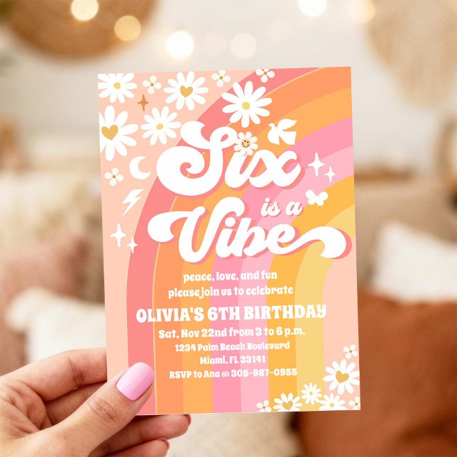 Retro Groovy 6th Birthday Invitation (Creator Uploaded)