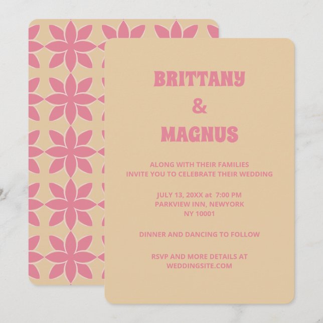 Retro groovy 70's bold typography peach & pink  invitation (Front/Back)