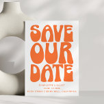 Retro Groovy 70s Bright Orange QR Code Wedding Save The Date<br><div class="desc">Make your special day unforgettable from the start with this retro-inspired "Save Our Date" card, featuring bold orange typography reminiscent of the groovy 1970s. Perfect for couples who love playful and nostalgic aesthetics, this design sets a fun and vibrant tone for your wedding celebrations. Ideal for modern boho, retro, or...</div>