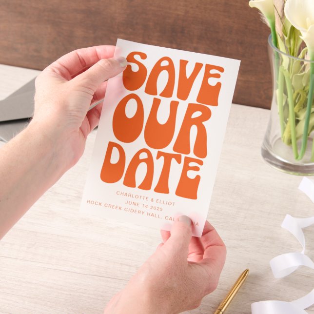 Retro Groovy 70s Bright Orange Wedding Save Date Vellum Invitations (Handheld)