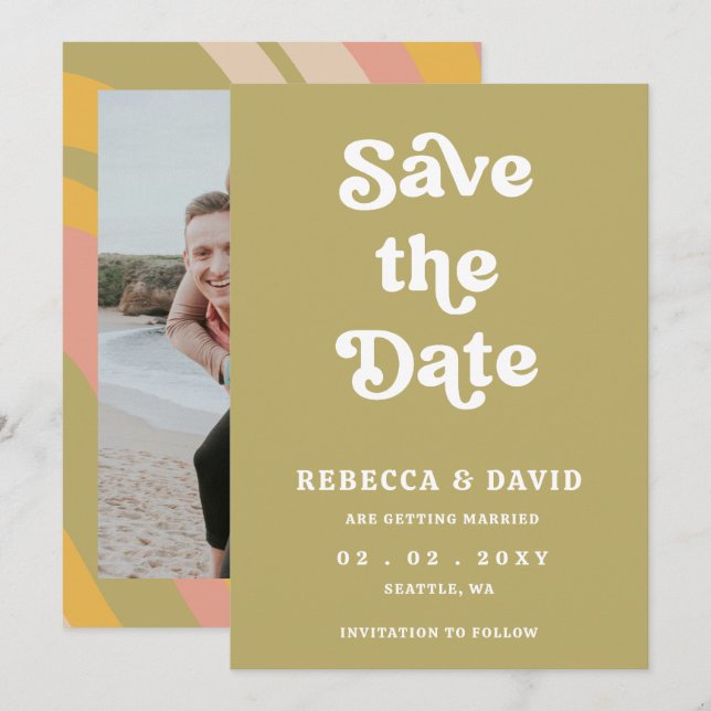 Retro Groovy 70s Cute Green Photo Wedding Save The Date (Front/Back)