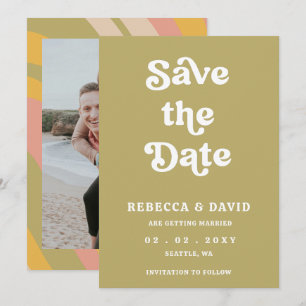 Retro Groovy 70s Cute Green Photo Wedding Save The Date