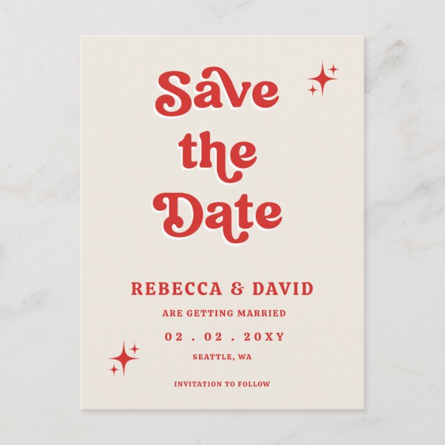 Retro Groovy 70s Cute Ivory Red Pink Save The Date Announcement Postcard (Front)
