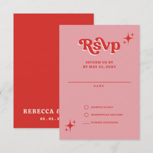 Retro Groovy 70s Cute Pink and Red Wedding RSVP Card