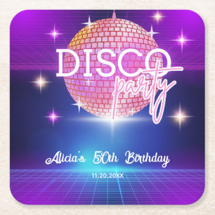 Retro Groovy 70s Disco Ball Birthday Party Square Paper Coaster