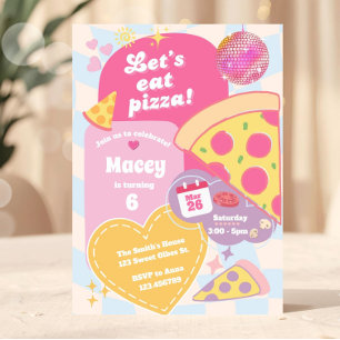 Retro Groovy 70s Disco Girl Pizza Party Colourful  Invitation