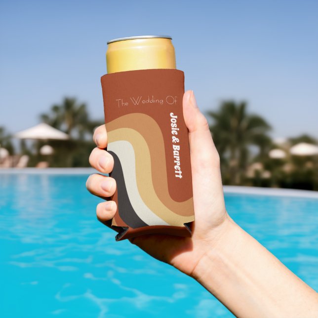 Retro Groovy 70s Funky Personalized Boho Wedding Seltzer Can Cooler (In Situ Pool)