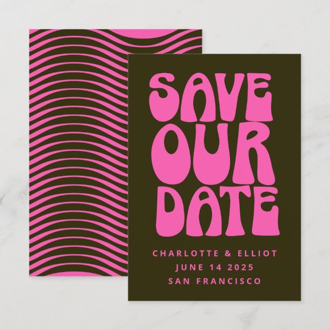 Retro Groovy 70s Hot Pink and Dark Green Save The  Date (Front/Back)