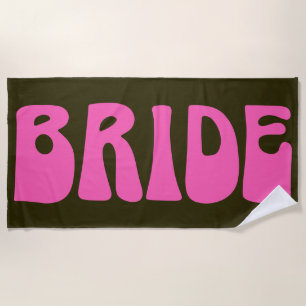 Retro Groovy 70s Hot Pink Green Bride Wedding Beach Towel