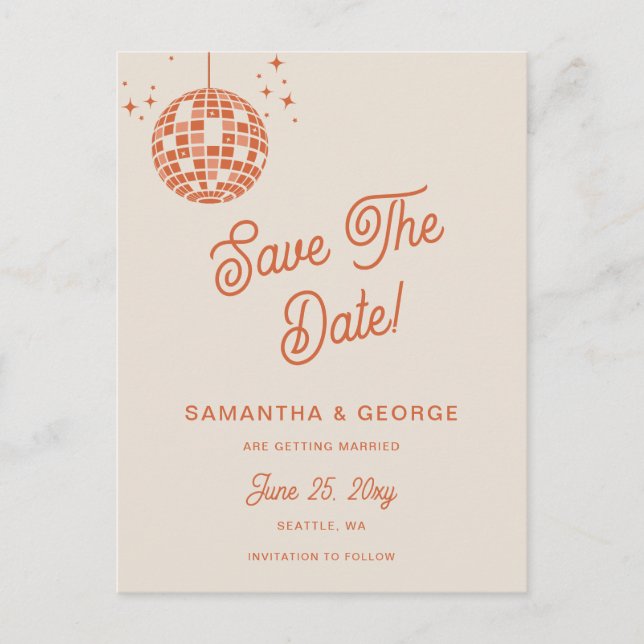 Retro Groovy 70s Ivory Orange Disco Save The Date Announcement Postcard (Front)