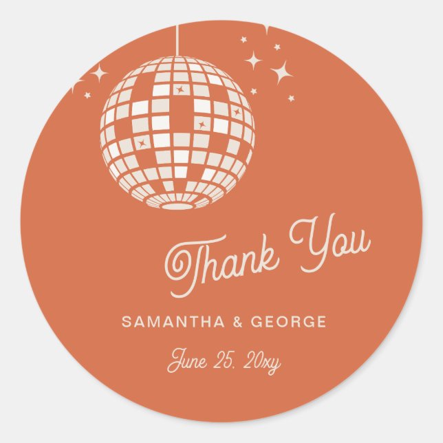 Retro Groovy 70s Ivory Orange Disco thank you Classic Round Sticker (Front)