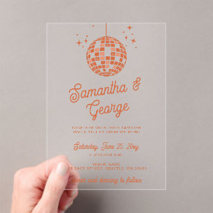 Retro Groovy 70s Ivory Orange Photo Disco Wedding Acrylic Invitations