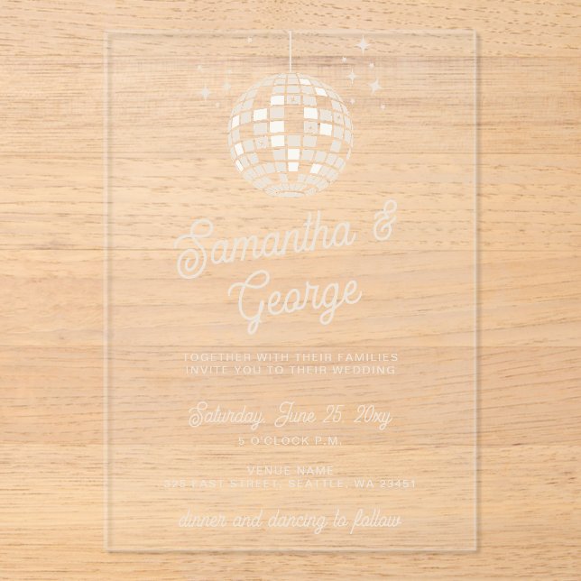 Retro Groovy 70s Ivory Orange Photo Disco Wedding Acrylic Invitations (Front)