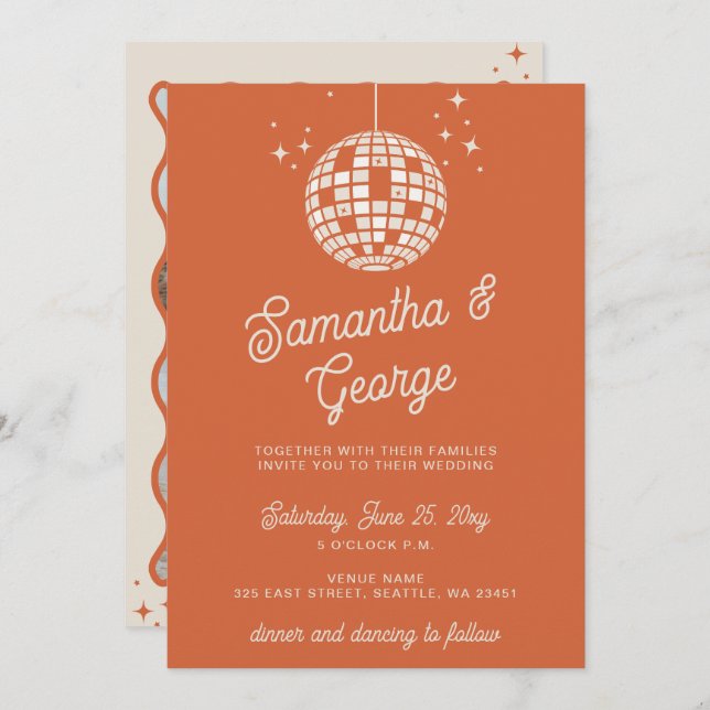 Retro Groovy 70s Ivory Orange Photo Disco Wedding Invitation (Front/Back)