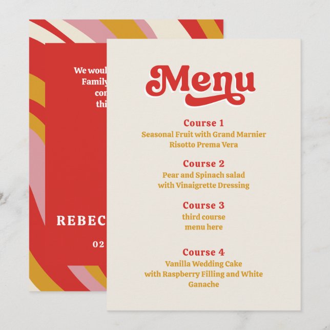 Retro Groovy 70s Ivory Red Wedding Menu (Front/Back)