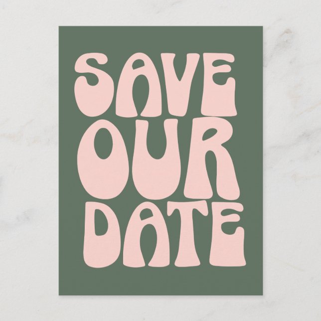 Retro Groovy 70s Pink and Green Save The Date  Postcard (Front)
