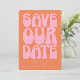 Retro Groovy 70s Pink and Orange QR Code Wedding Save The Date