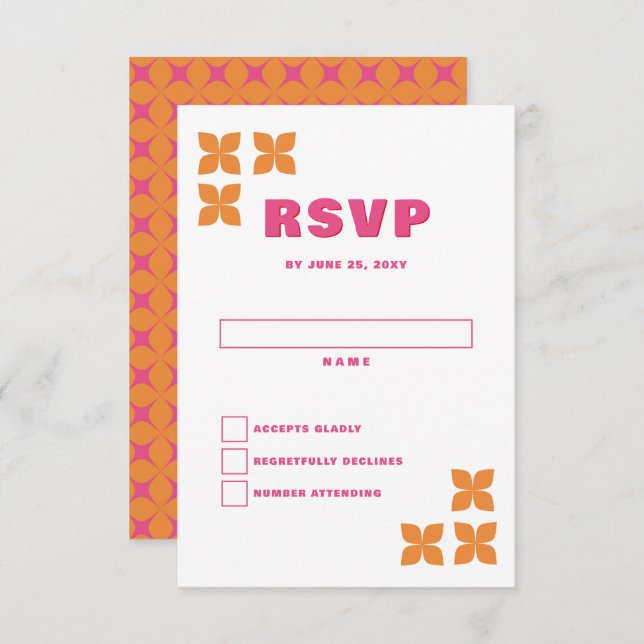Retro Groovy 70s Pink Orange Wedding RSVP Card (Front/Back)