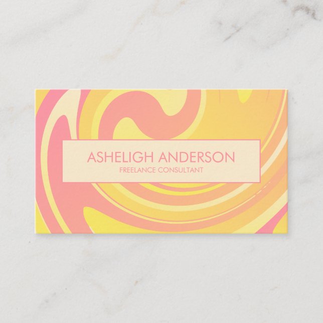 Retro Groovy 70s Pink + Yellow Abstract Swirls Business Card (Front)