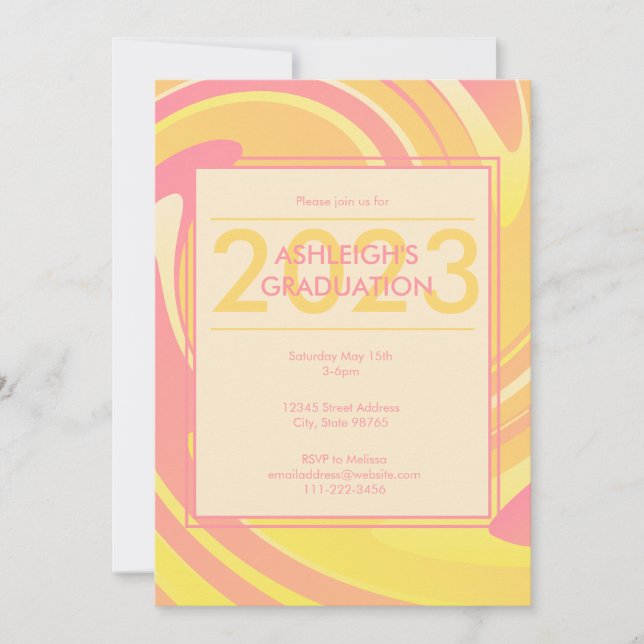 Retro Groovy 70s Pink + Yellow Abstract Swirls Invitation (Front)