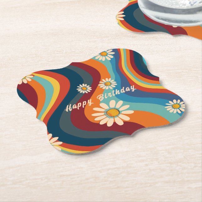 Retro Groovy 70's Rainbow Daisy Birthday  Paper Coaster (Angled)
