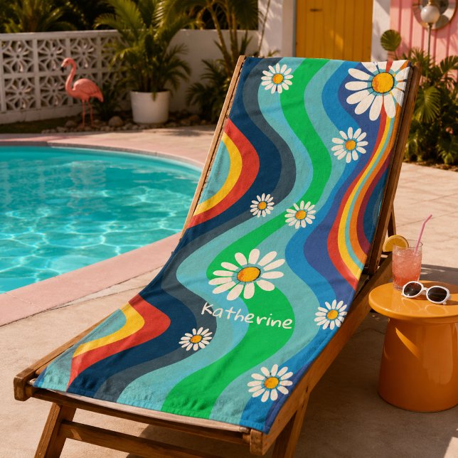 Retro Groovy 70's Rainbow Daisy Name Beach Towel (Creator Uploaded)