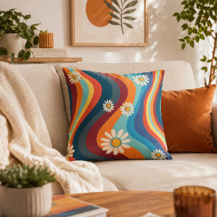 Retro Groovy 70's Rainbow Daisy Throw Pillow