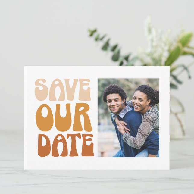 Retro Groovy 70s Terracotta Brown Photo Wedding Save The Date (Standing Front)