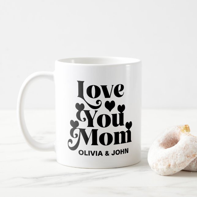 Retro Groovy 70's Themed Love You Mom Black Coffee Mug (With Donut)