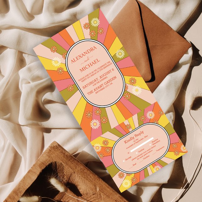 Retro Groovy 70's Themed Muted Tones Wedding  All In One Invitation (Creator Uploaded)