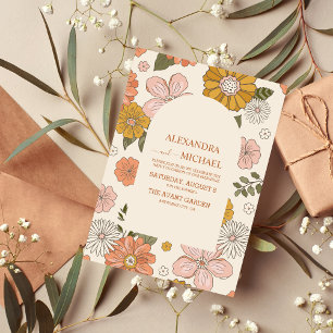 Retro Groovy 70's Themed Muted Tones Wedding Invitation