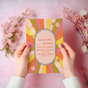 Retro Groovy 70's Themed Muted Tones Wedding Invitation