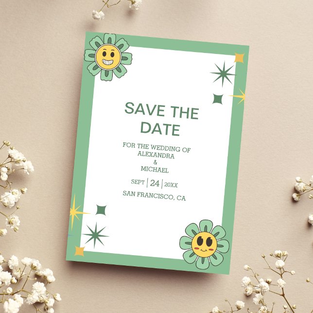 Retro Groovy 70's Themed Muted Tones Wedding Save The Date (Creator Uploaded)